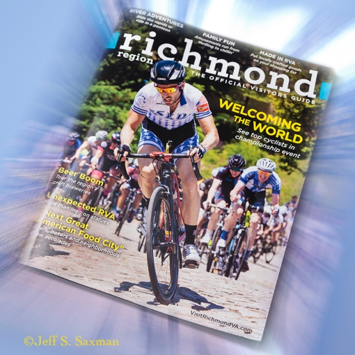 Brian Dziewa rides in front on his way to winning the 2014 men's USA Cycling Collegiate Road Nationals in Richmond Virginia. Image reproduced on the cover of the 2015 Richmond Regional Visitor's Guide. ©Jeff S. Saxman, www.saxmanphoto.com